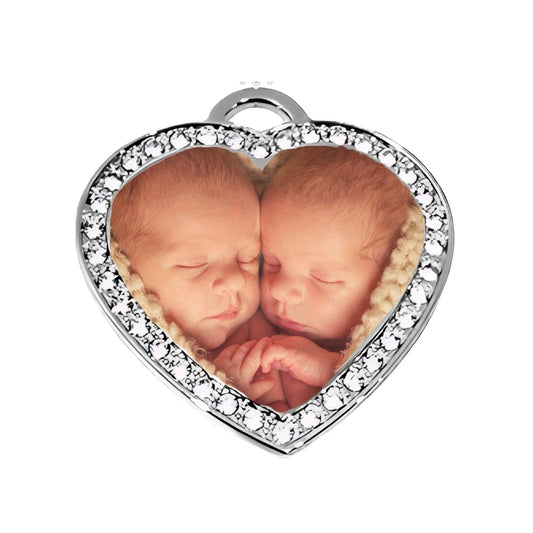 Silver Big Heart Pendant – Custom Photo Necklace with Crystal Border Baby Twins