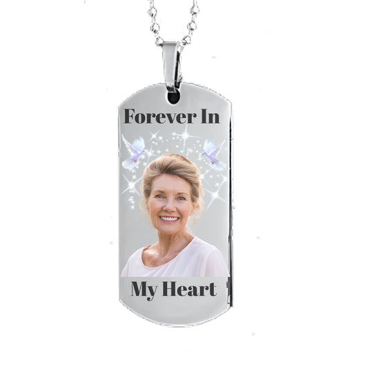 Silver Dog Tag Memorial Necklace Custom Keepsake Pendant text birds and stars