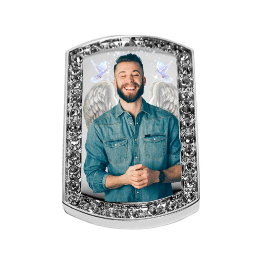 Silver Dog Tag Memorial Necklace Photo Keepsake Pendant with Crystals Angel wings stars and birds