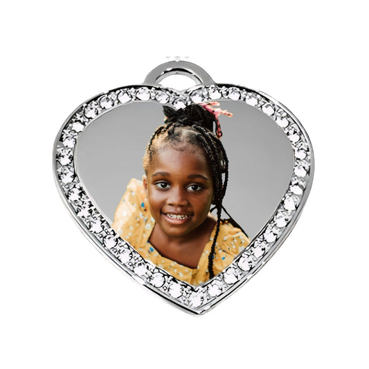 Silver Heart Pendant Custom Photo Necklace with Crystal Border Product Pic 1