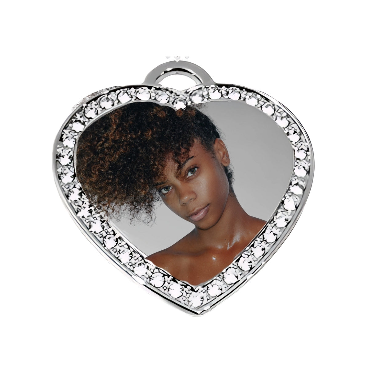 Silver Heart Pendant Custom Photo Necklace with Crystal Border Product pic Girl