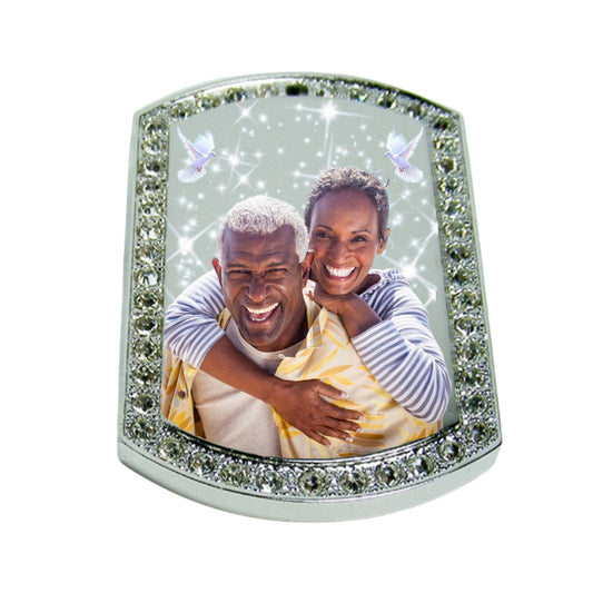 Silver Large Memorial Necklace Dog Tag Crystal Border Photo Keepsake Pendant stars, birds, and couple