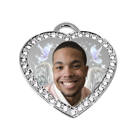 memorial Silver small heart pendant with birds, stars, and angel wings