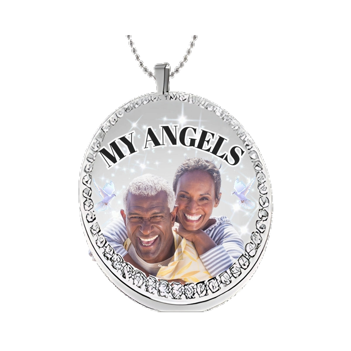 silver circle pendant with grandparents photo and text My angel Memorial Jewelry