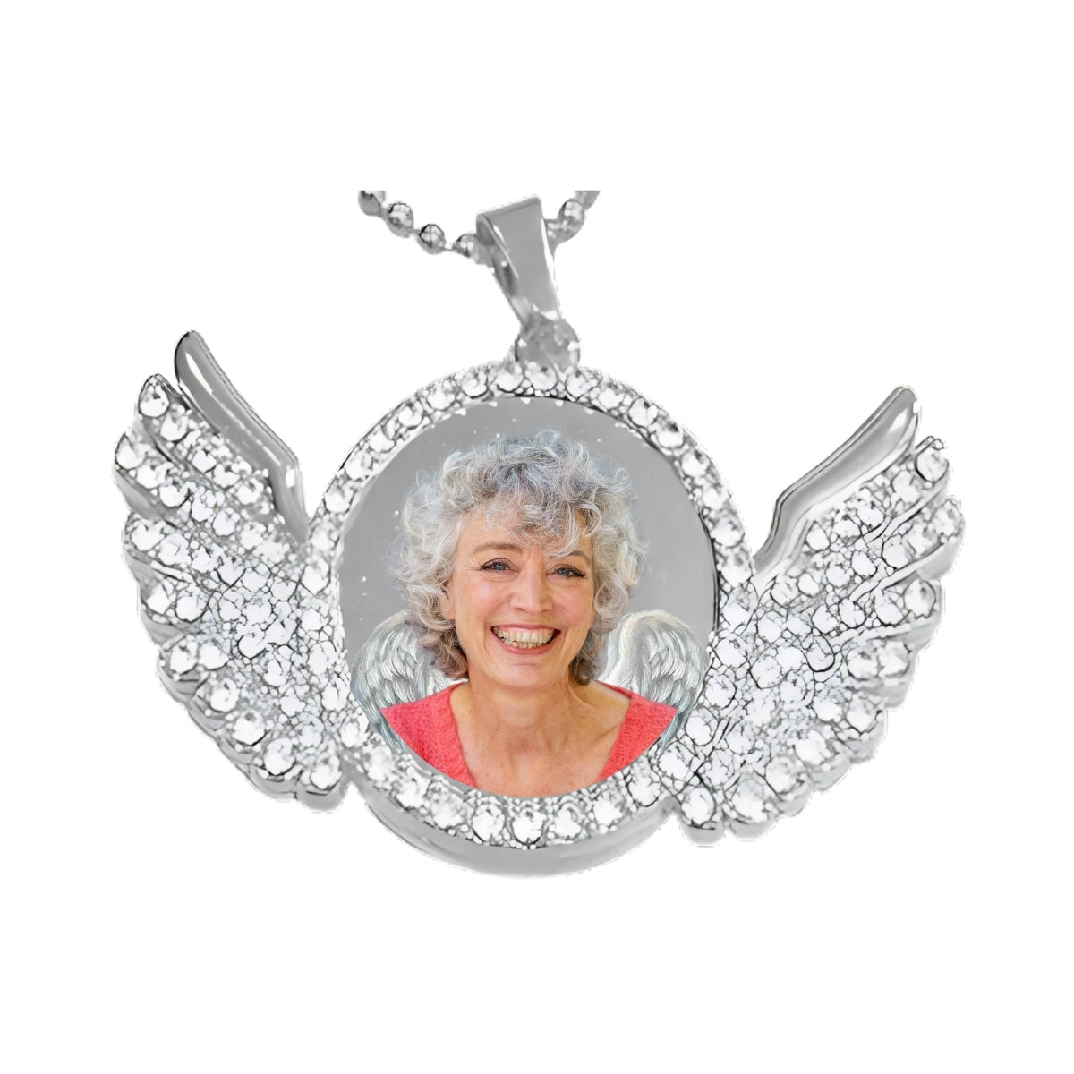 Silver Angel Wing Memorial Necklace Custom Photo Pendant with Crystals