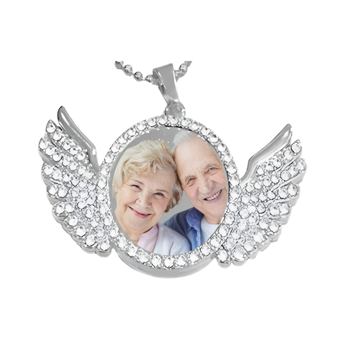 Silver Angel Wing Memorial Necklace Custom Photo Pendant with Crystals