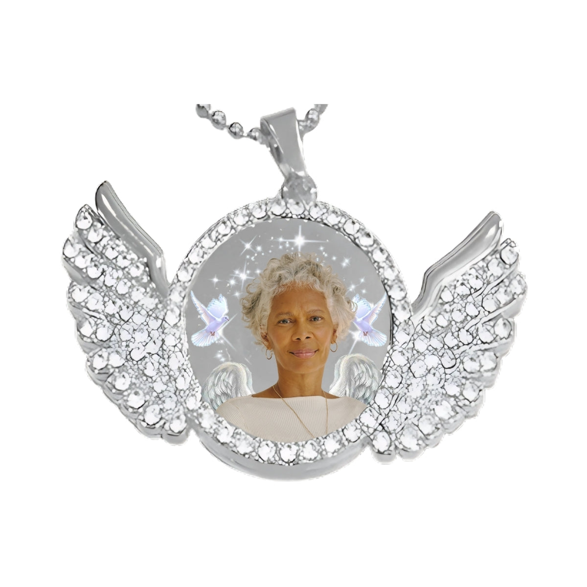 Silver Angel Wing Memorial Necklace Custom Photo Pendant with Crystals