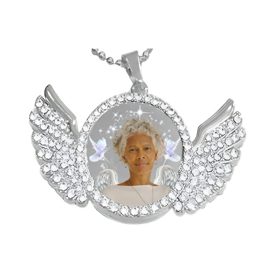 Silver Angel Wing Memorial Necklace Custom Photo Pendant with Crystals