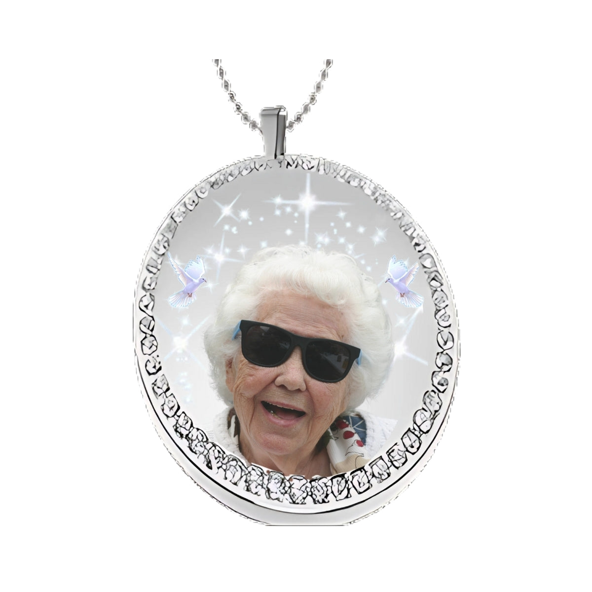 Silver Circle Memorial Pendant Necklace with Stars and Birds